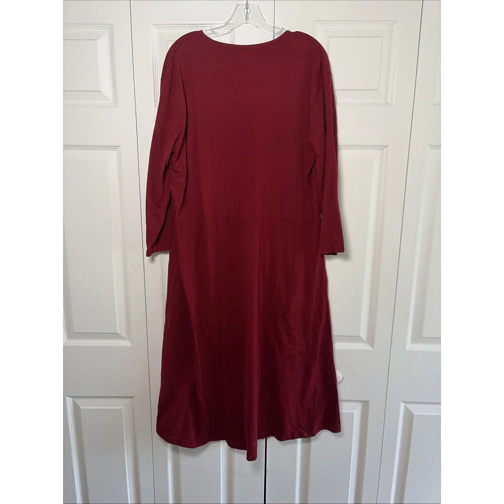 Svaha V-Neck Midi Dress Womens Size 3X Red Pockets Organic Cotton Long Sleeve